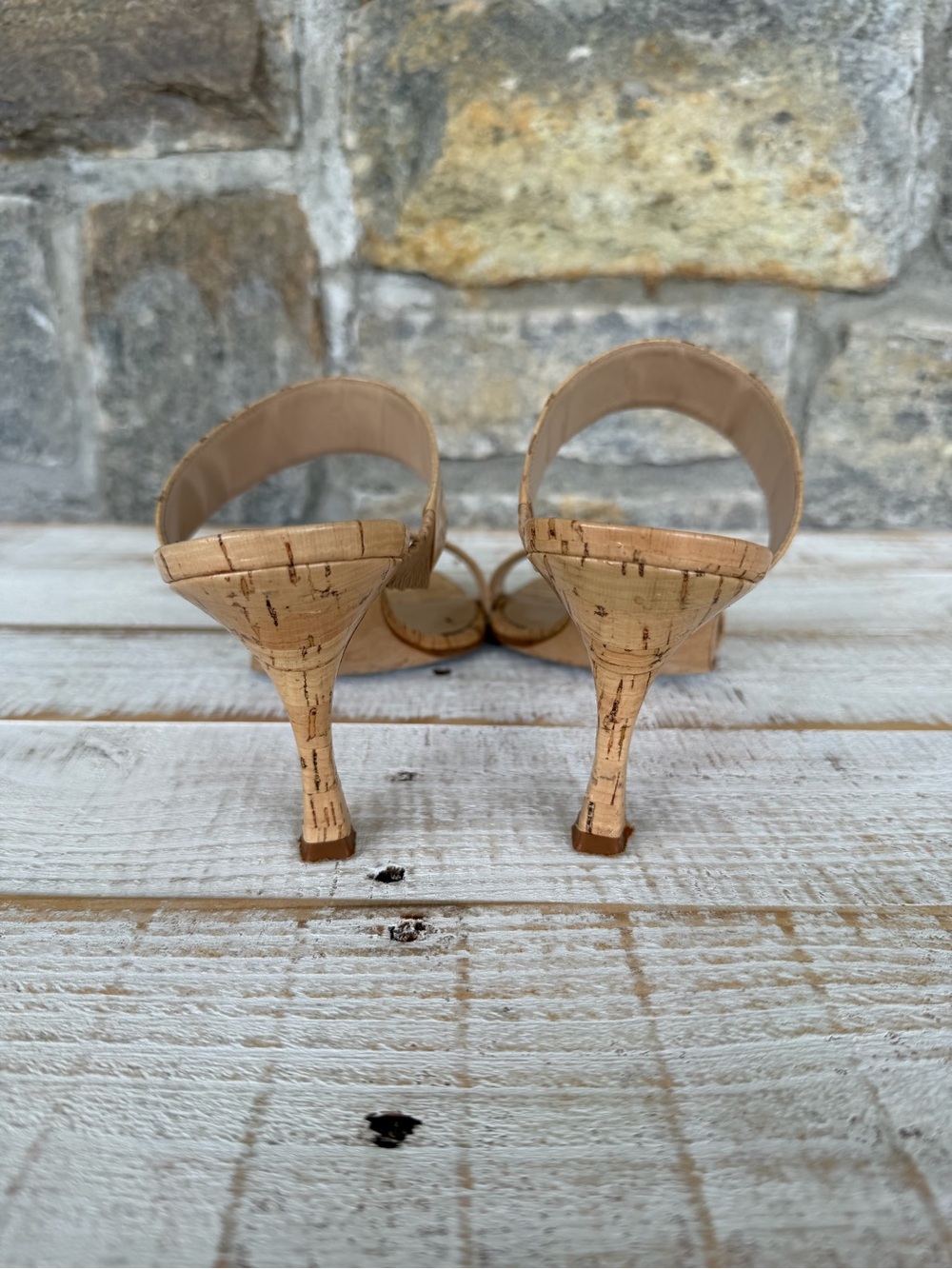 Manolo Blahnik Cork-Textured Double-Strap Heeled Mules in Natural Tan - Picture 3 of 6